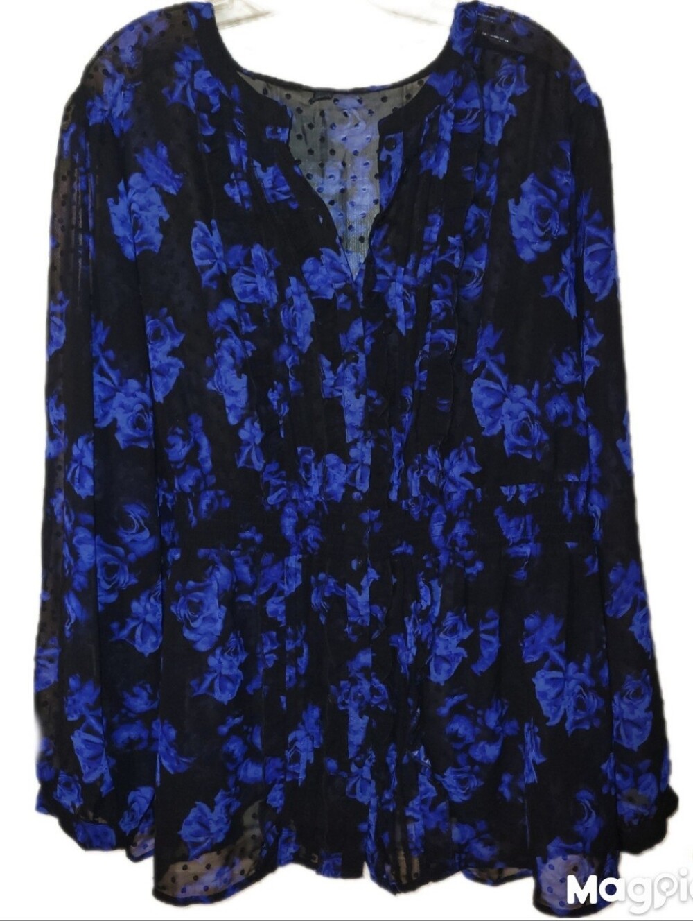 Torrid Womens 4X Black Blue Floral Chiffon Clip Dot Ruffle Front Blouse NWOT